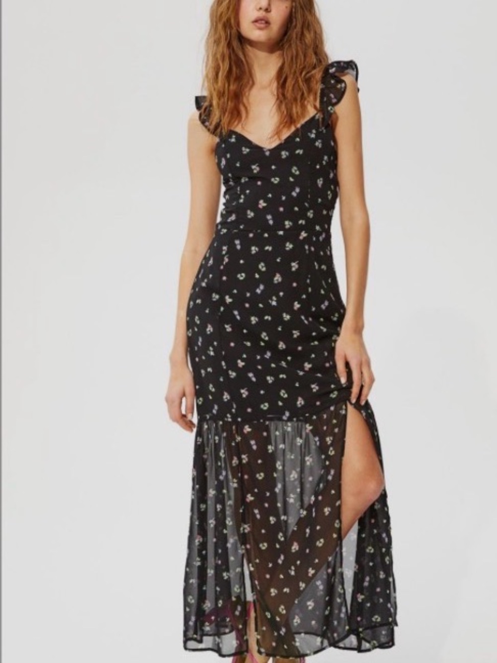 H&M Black Floral Ruffle-Shoulder Maxi Dress
